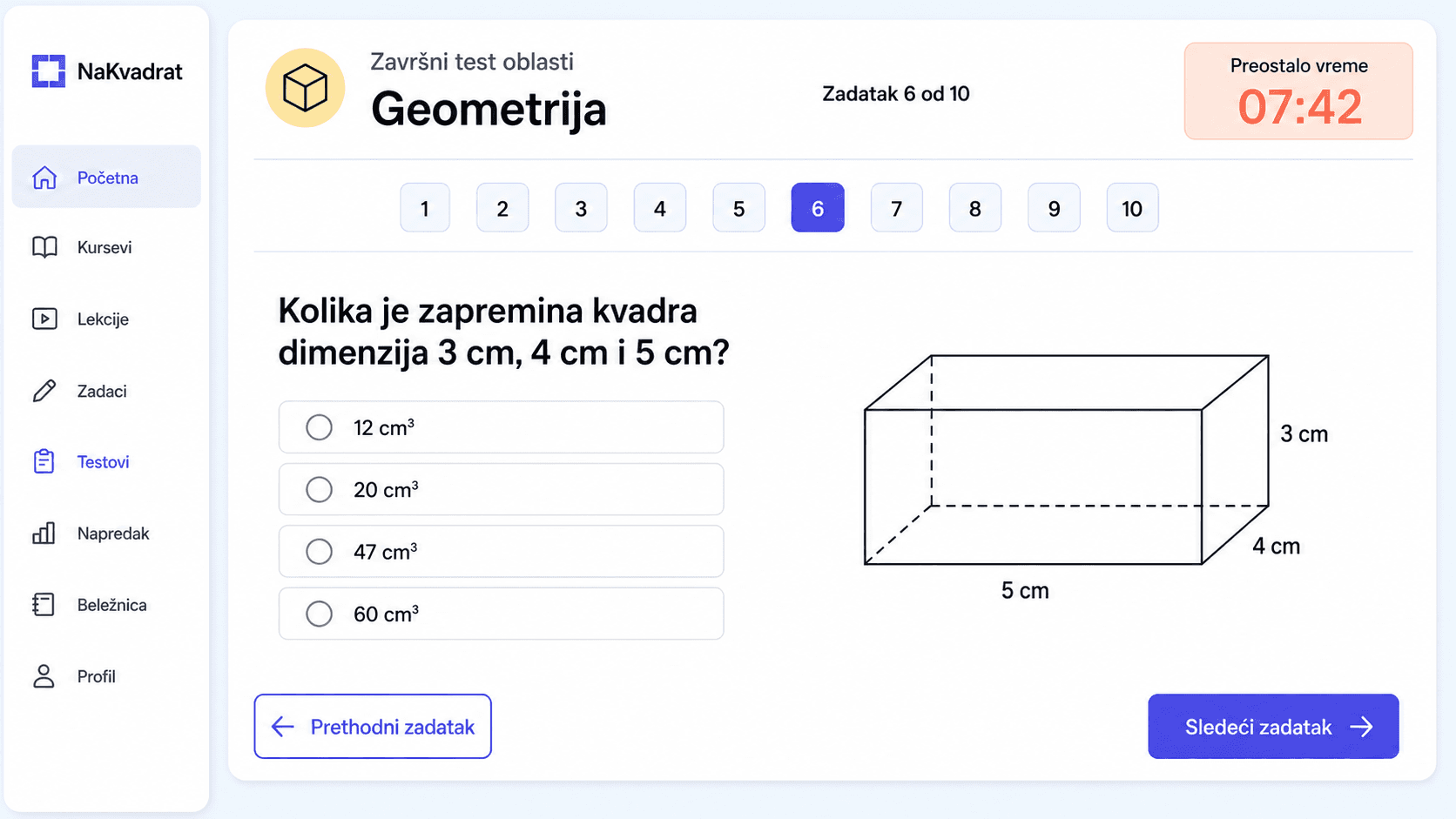 Prikaz završnog testa oblasti sa tajmerom i navigacijom kroz zadatke