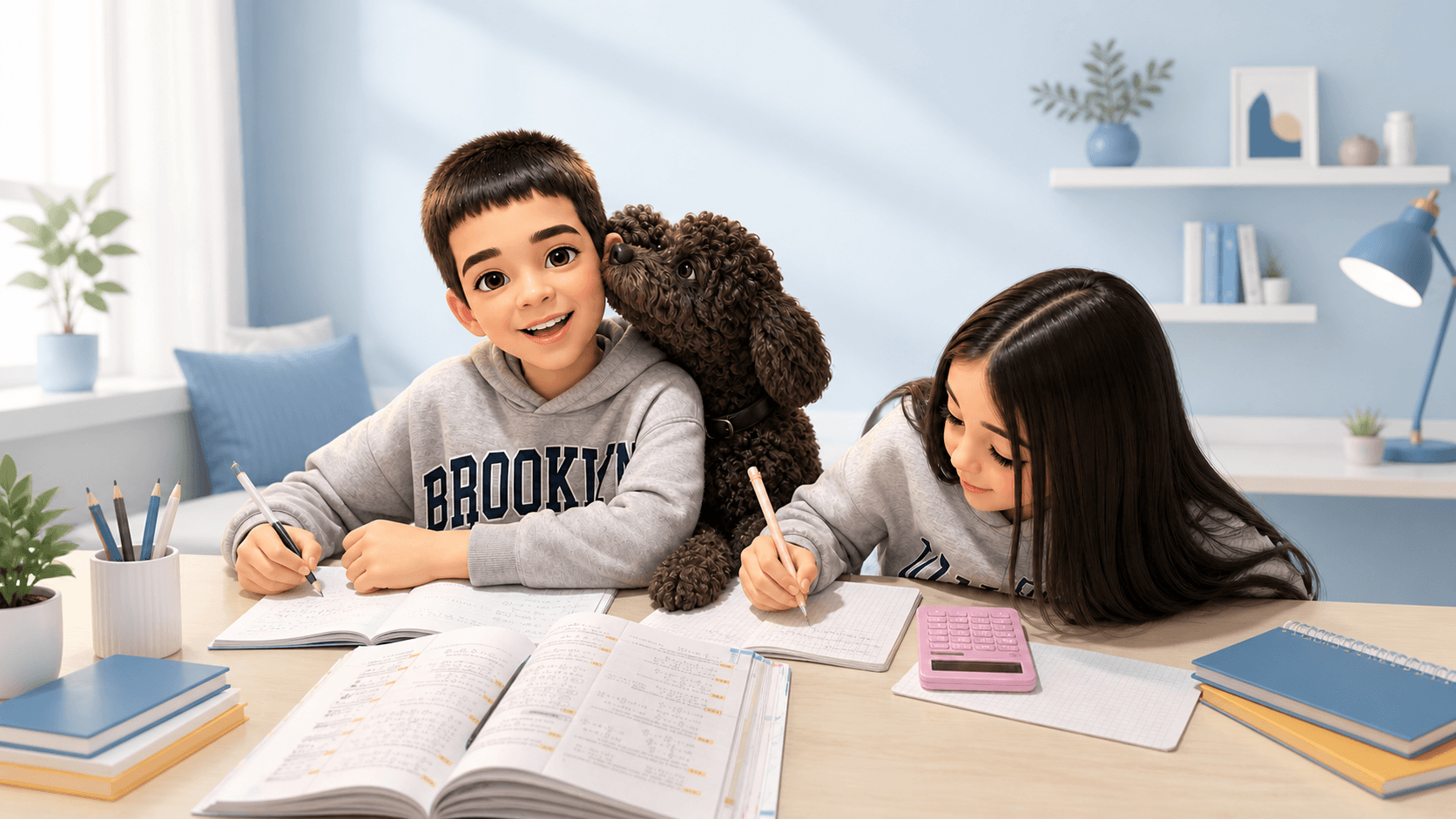 Ilustracija: učenici rade zadatke iz matematike u prijatnoj atmosferi, uz psa